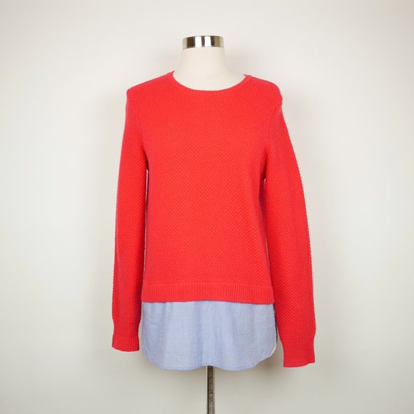 J. Crew Sweaters - J. CREW Women's M Red knit long sleeve wool pullover sweater chambray faux shirt